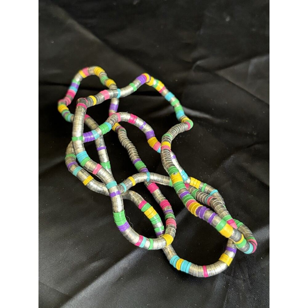 Vintage Moldable Bendable Sculptural Long Necklace Metal & Colorful Beads 37"